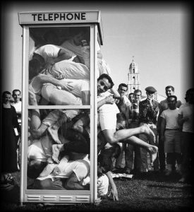 Students crammed into a phone booth