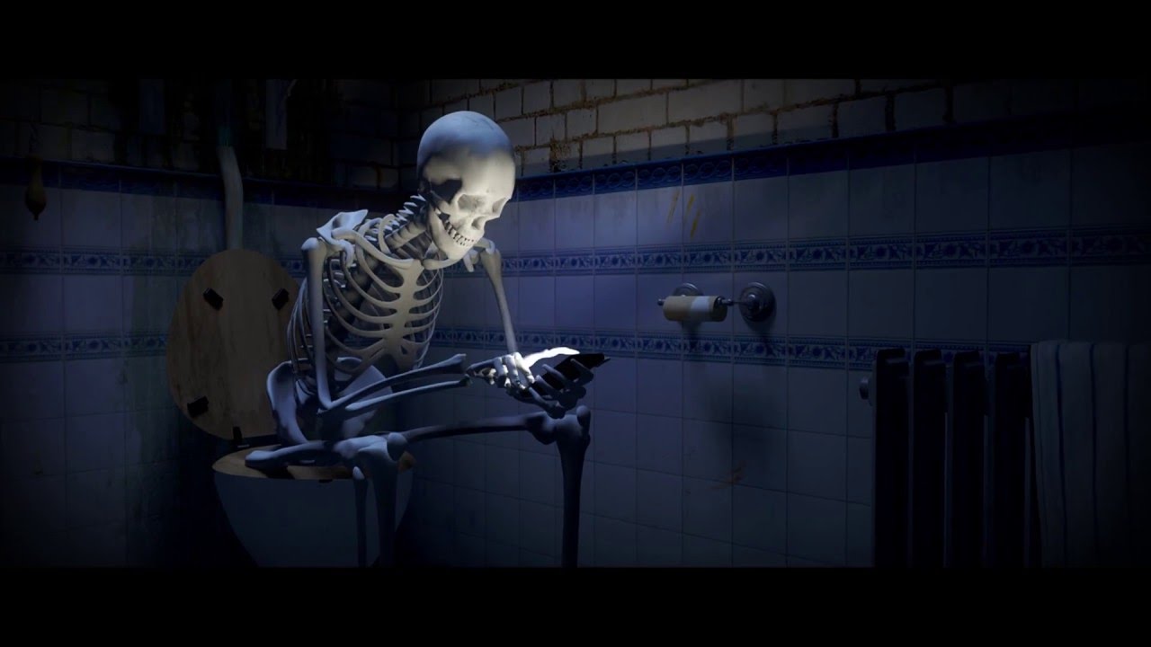 skeletal sitting on potty