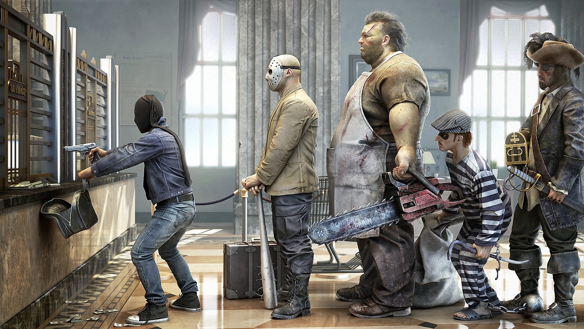 Unusual characters standing in line at a bank